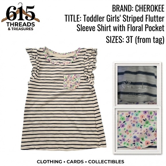 Cherokee Other - Cherokee Toddler Girls Striped Flutter Sleeve Shirt Floral Pocket Blue White 3T